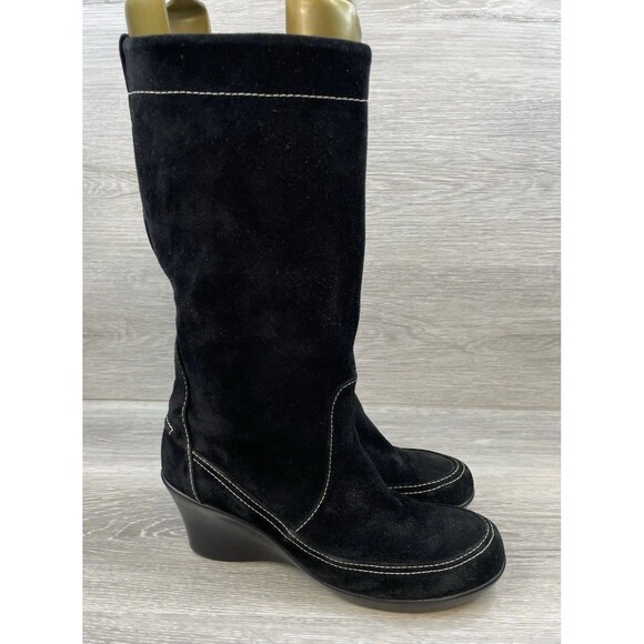 YOU by Crocs Black Suede Wedge Boots Leather Upper Stitch Women’s 9 Fall Stiched - Picture 1 of 12